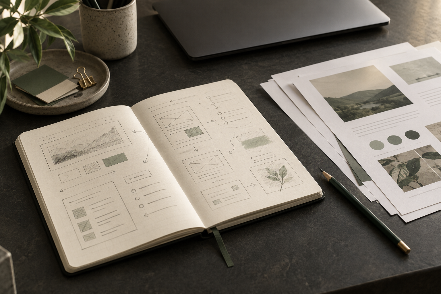 Illustration of project preparation: notes, page-layout sketches and project materials on a desk