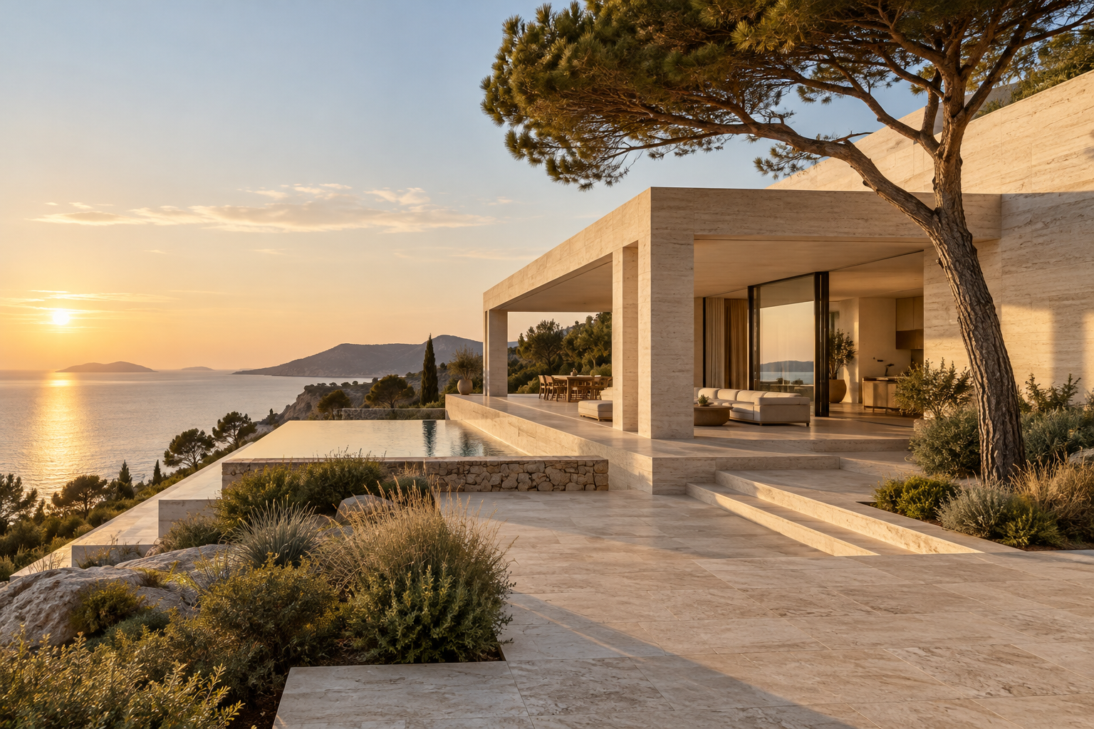 Imaginary modern villa in pale stone, a concept for an architecture website