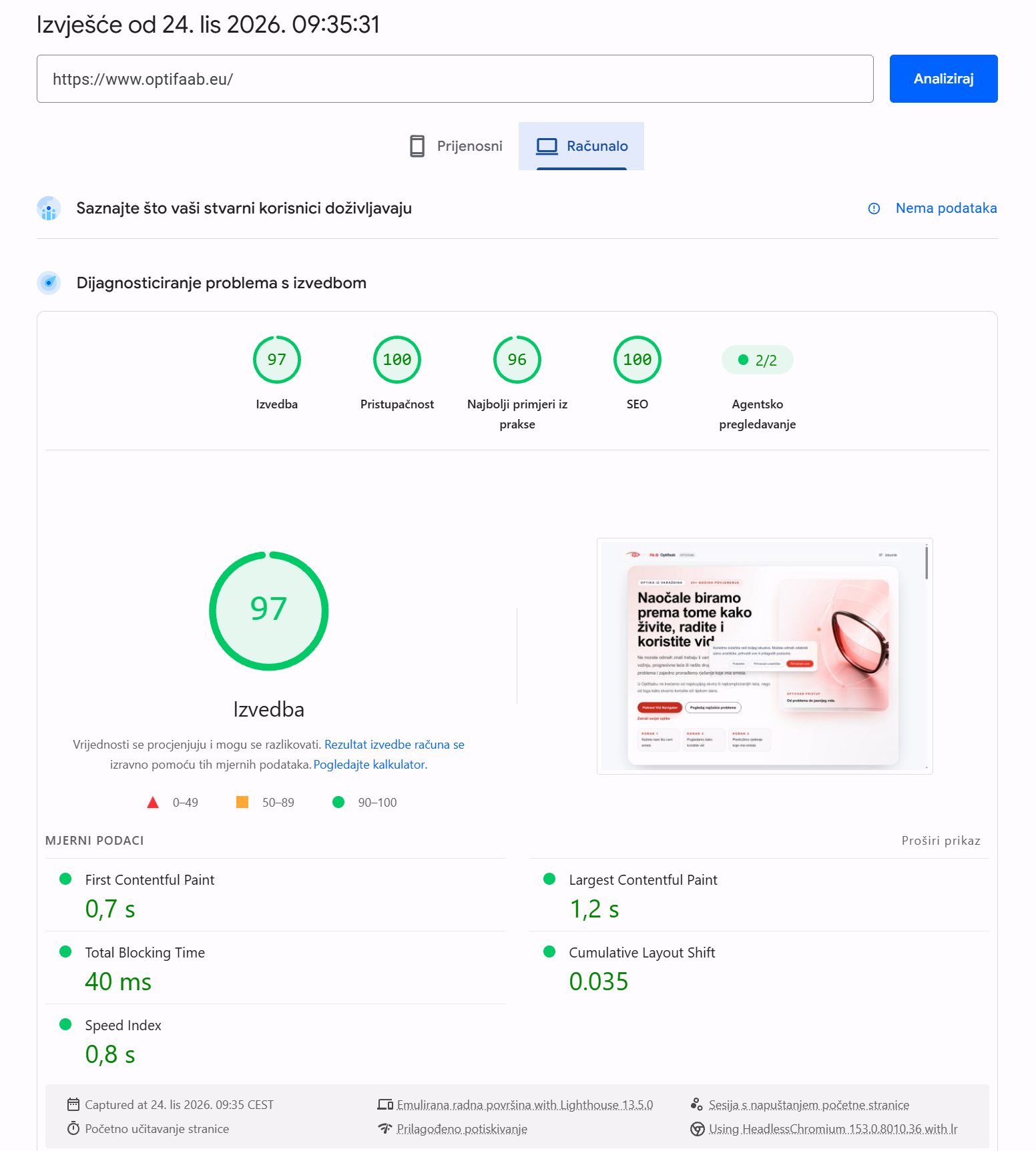 PageSpeed Insights desktop report screenshot for Optifaab, 24 October 2026, performance score 97 out of 100