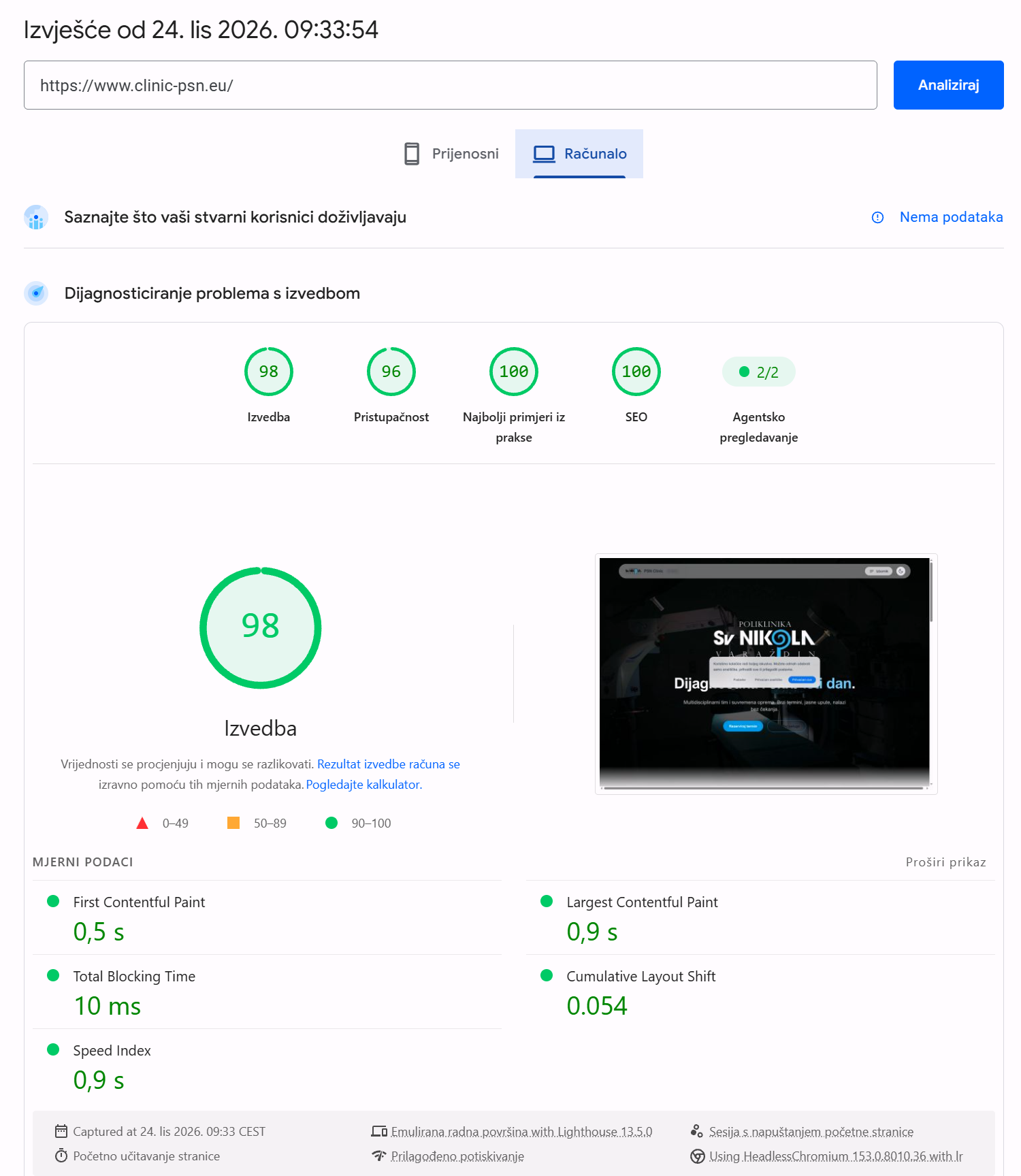 PageSpeed Insights desktop report screenshot for PSN Clinic, 24 October 2026, performance score 98 out of 100