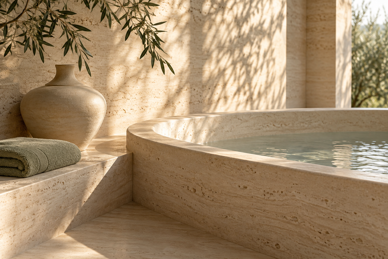 Imaginary wellness space with travertine and warm natural light